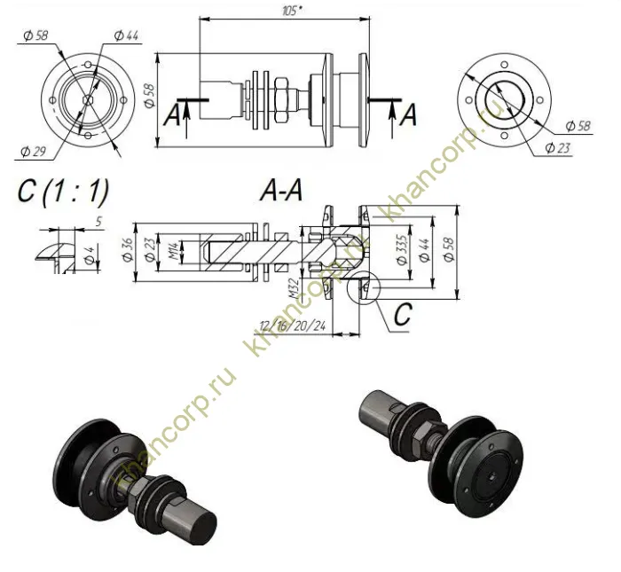 Рутель шарнирный FN-100 без зенковки с гайкой M14, нержавейка/матовый