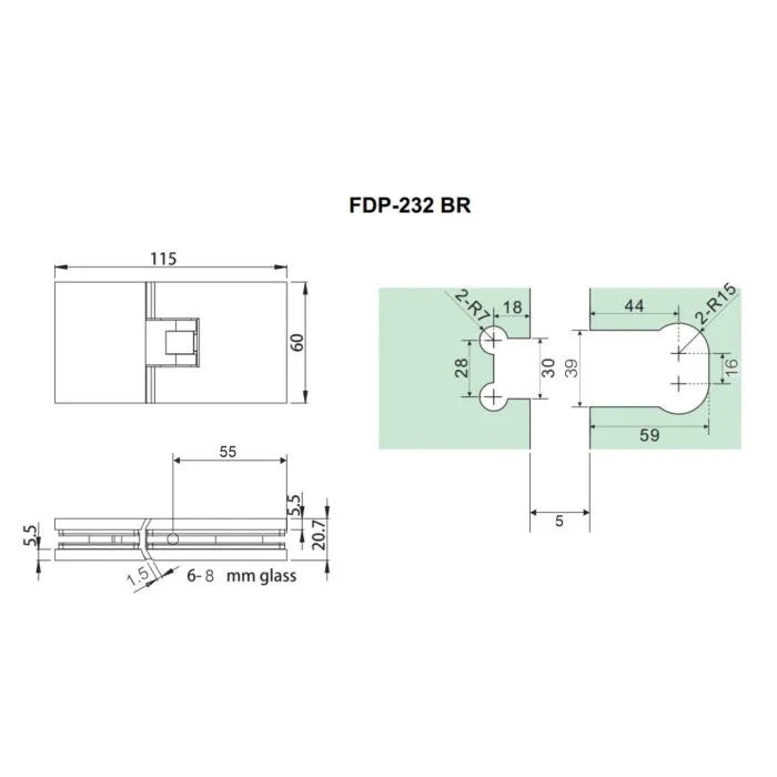 Петля Афродита FDP-232, стекло-стекло 180° с крышками, латунь/черный