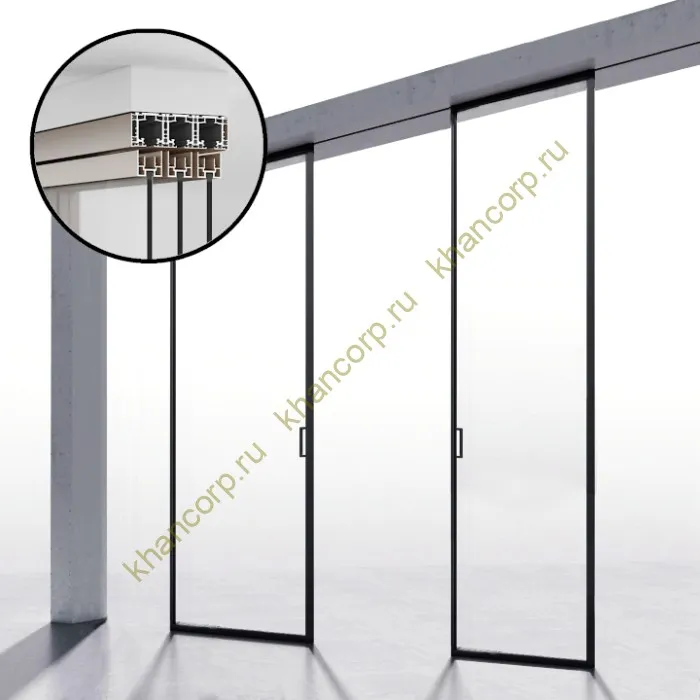 Комплект раздвижной системы Диона DSK-191.2.2 AL/BL синхро на 2 двери (2С+0) открытое крепление в потолок, алюминий/черный