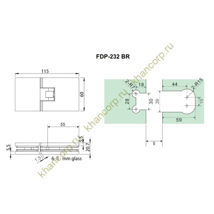 Петля Афродита FDP-232, стекло-стекло 180° с крышками, латунь/хром