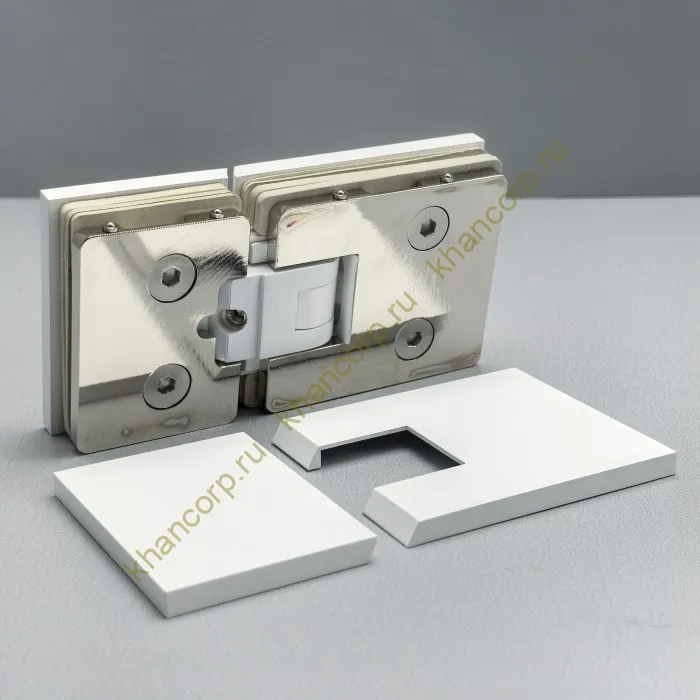 Петля Афродита FDP-232, стекло-стекло 180° с крышками, латунь/белый