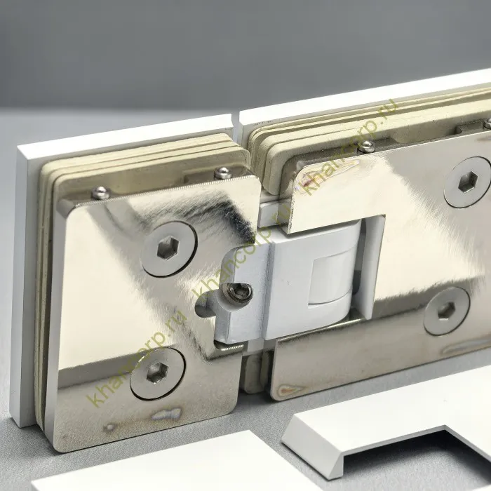 Петля Афродита FDP-232, стекло-стекло 180° с крышками, латунь/белый