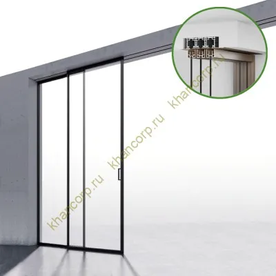 Комплект раздвижной системы Диона DSK-194.2.1L AL/BL на 2 двери в нишу с отталкивающим механизмом, левое открывание, скрытое крепление, алюминий/черный