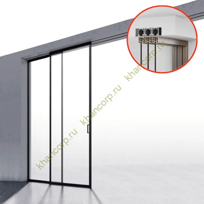Комплект раздвижной системы Диона DSK-194.2.1L AL/BL-MW на 2 двери в нишу с отталкивающим механизмом, левый, скрыт, алюминий/черный с белой крышкой