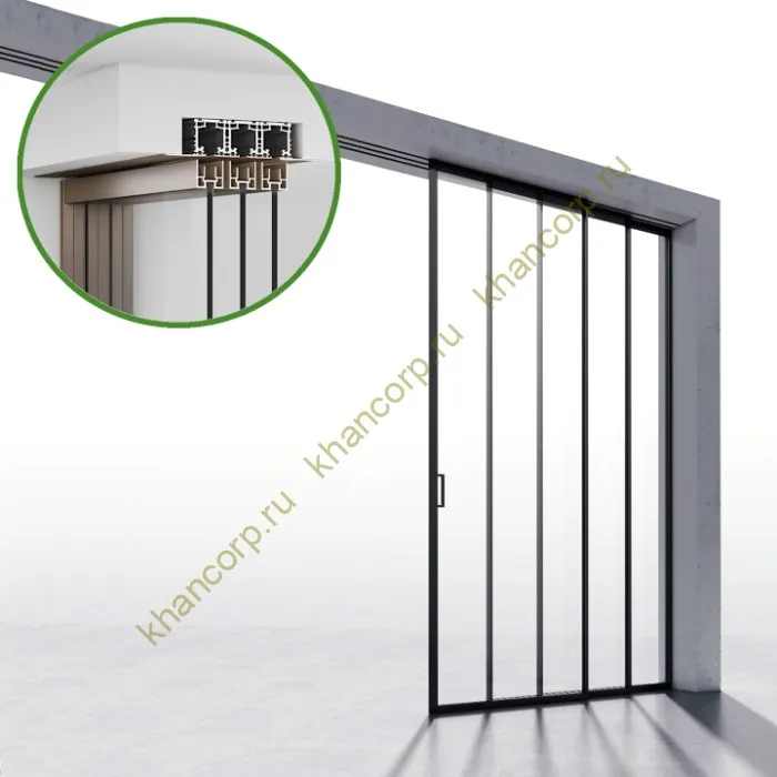 Комплект раздвижной системы Диона DSK-190.3.1R AL/BL на 3 двери (3+0) Правое открывание, скрытое крепление в проем, алюминий/черный